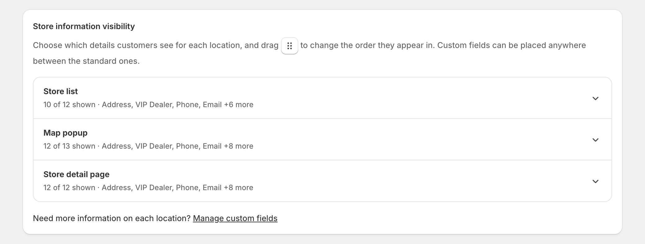 Store information visibility with three collapsed panels: Store list 10 of 12 shown, Map popup 12 of 13 shown, Store detail page 12 of 12 shown