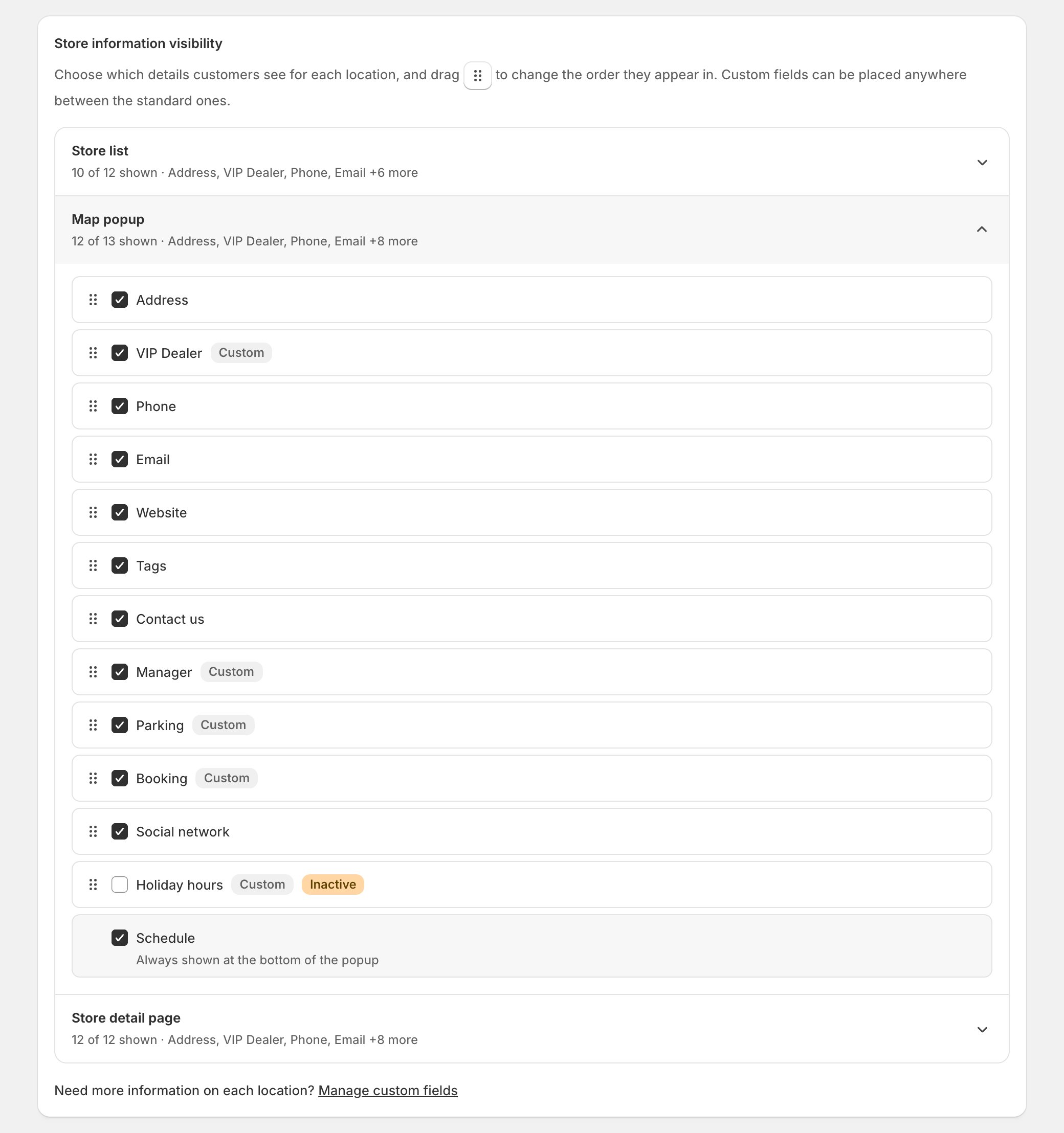 Map popup panel expanded, listing Address, VIP Dealer (Custom), Phone, Email, Website, Tags, Contact us, Manager, Parking, Booking, Social network, an unticked inactive Holiday hours, and Schedule pinned at the bottom