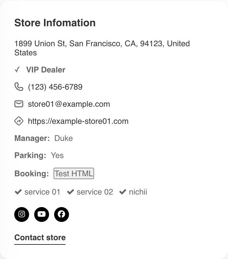 Store Information block on the store detail page with VIP Dealer, Manager, Parking and Booking between the website and the tags
