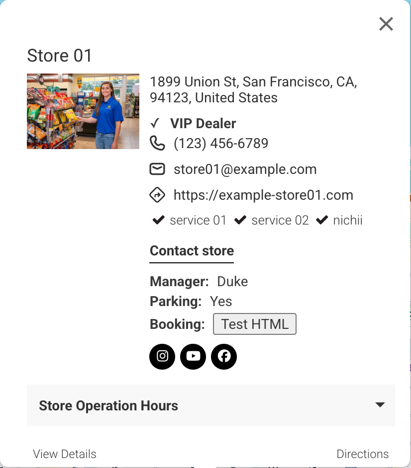 Map popup for Store 01 with VIP Dealer after the address and Manager, Parking and a Booking button before the social icons
