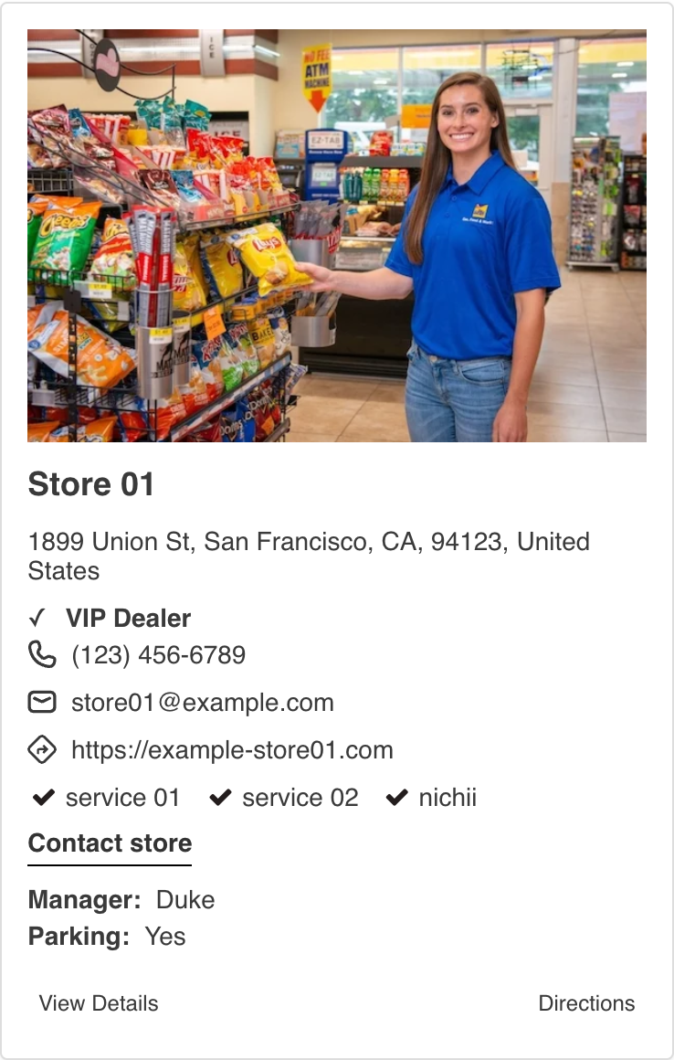Store list entry for Store 01 showing a VIP Dealer check mark after the address, and Manager: Duke and Parking: Yes after Contact store